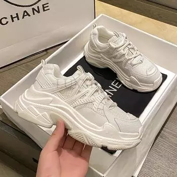 Толстая подошва, легкая, с круглым носком, сетчатая, дышащая, папина обувь, плоская подошва, удобная, универсальная, модная и повседневная спортивная обувь 35 бежевый