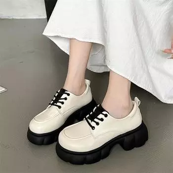 Thick sole loafer shoes women 2024 Autumn new platform JK Uniform shoes Students Retro Academic style leather Oxfords shoes 4.5 чёрный