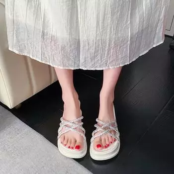 Thick Sole Rhinestone Slippers Women s Wedge Sandals Outdoor 2024 Summer Shoes Fashion Platform High Heel Female Slides 35