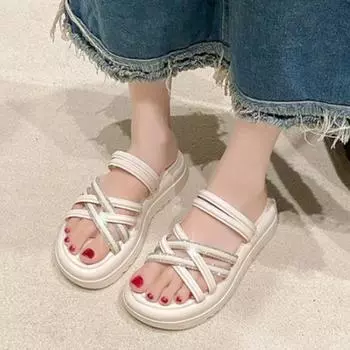 Thick Sole Sandals Women 2024 New Summer Soft Sole Elevated Casual Roman Sandals Small Womens Shoes Sandal 35-40 35 бежевый