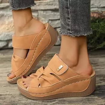 Thick Sole Wedge Heel Sandals for Women Summer 2025 Casual Hollow Out Platform Slippers Woman Lightweight Non Slip Beach Shoes 36 кофейный