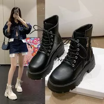 Толстая подошва женские новые весенне-осенние ботинки 2024 года универсальные британские короткие мотоциклетные ботинки с высоким толстым каблуком тренд 35 бежевый