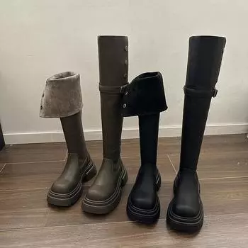 Thick-soled 2024 early spring new two-wear long knee boots children s thick heel velvet boots fashion boots 35 хаки