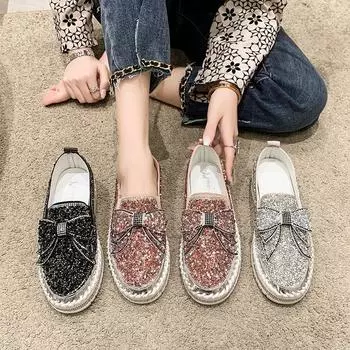 Thick-soled 2025 new one-pedal spring fashion versatile lazy casual rhinestone bow student shoe trend 35 чёрный
