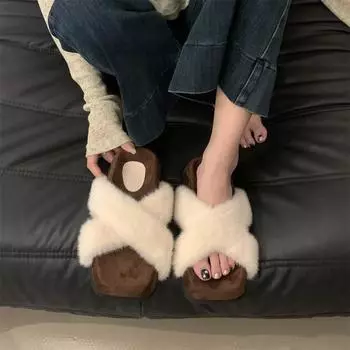 Thick-soled autumn and winter Mao Mao shoes outer wear women s shoes 2025 new retro niche leopard print cross-strap heightening cotton slippers 35