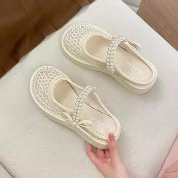 Thick-soled bag head half slippers women s summer fashion hole sandals lightweight height-increasing breathable hollow mesh shoes 35
