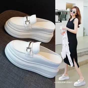 Thick-soled bag head half slippers women s summer outer wear 2025 spring new versatile lazy drag inner height increase heel-free muffin shoes 34 белый