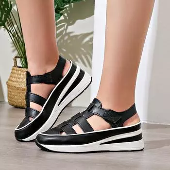 Thick-soled bag head Roman sandals women s 2025 new summer hollow casual shoes fairy wind soft leather muffin sandals 36 чёрный