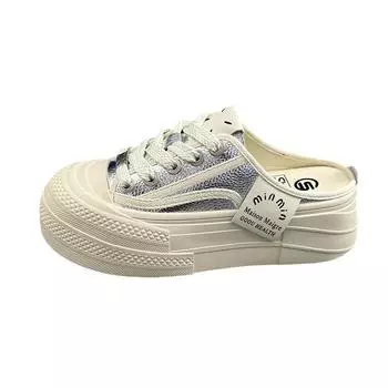 Thick-soled bag head slippers women s summer new fashion leather round head soft sole one pedal lazy shoes tide 35 серебряный