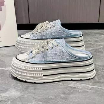 Thick-soled bag head slippers women s summer new lace mesh white shoes versatile casual lazy half drag 35