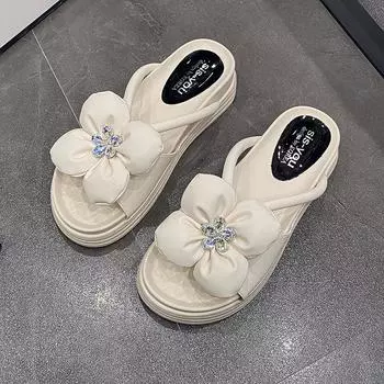 Thick-soled Beach Rhinestone Flower Slippers Women s New Soft-soled Slip-flop Sandals in Summer 35 бежевый