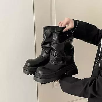 Thick-soled belt buckle Martin boots women s fashion versatile European and American retro season new versatile height-increasing leather boots 35