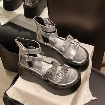 Thick-soled belt buckle new sandals women s fashion versatile muffin shoes soft leather summer high-top cool boots 35