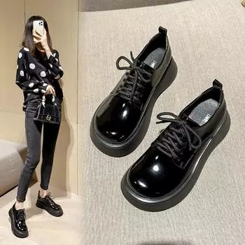Туфли с большим носком на толстой подошве, новые весенние маленькие кожаные туфли, женские туфли дерби в британском стиле ретро на толстой подошве, увеличивающие нишу, одинарные туфли 35