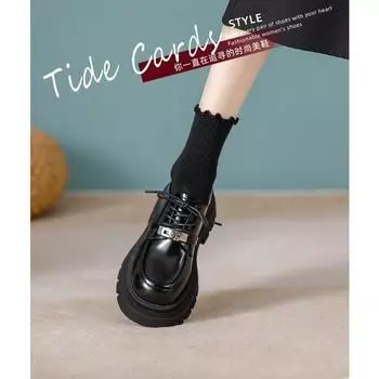 Толстая подошва черные маленькие кожаные туфли одинарные туфли 34 чёрный