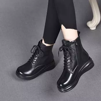 thick-soled boots women s autumn and winter new waterproof table muffin with lace-up cowhide Martin boots velvet warm women s cotton boots 35