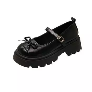 thick-soled bow women s new round head buckle small leather shoes college style JK leather shoes 35