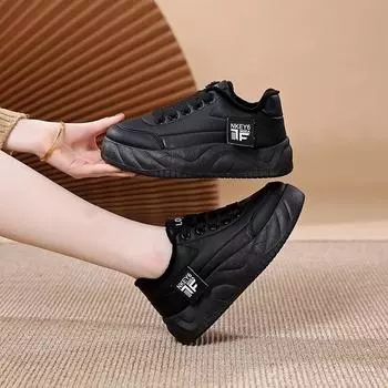 толстая подошва хлеб бархат износостойкий осень и зима новый универсальный мягкая подошва повседневная теплая обувь для доски спортивная хлопковая обувь женская 35 чёрный