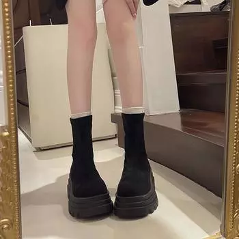 Thick-soled casual versatile Martin boots women s 2024 spring and autumn new elastic socks thin boots small high-heeled trend 35 чёрный