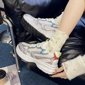 Thick-soled colored dad shoes women s 2024 autumn new casual breathable versatile sports height-increasing running shoes 35 разноцветный