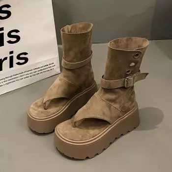 thick-soled cool boots women s summer new small toe high-top sandals heightening muffin short boots 35 хаки