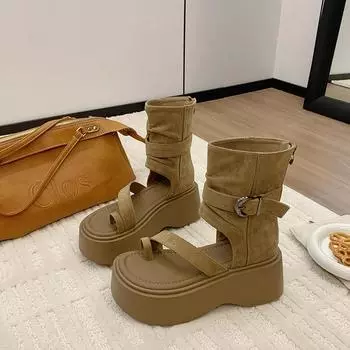 Thick-soled cover toe cool boots women s pants tube boots summer new hollow muffin sandals pinch feet short boots 35