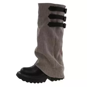 Thick-soled cowhide spliced trouser boots New round head flanged denim sleeve belt buckle Thick high-heeled medium boots 35