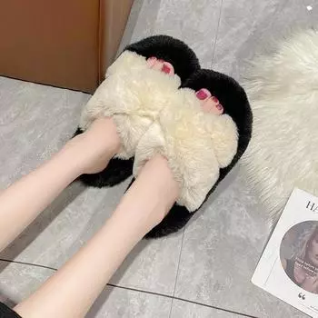 thick-soled cross-hairy slippers women s 2025 autumn and winter new large-size women s shoes fashionable and comfortable home hairy slippers 35 хаки