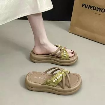 Thick-soled cross-slippers women s new fashionable and comfortable casual cool slippers women s pearl with skirt sandals 35