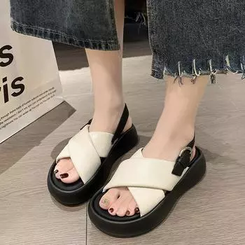 Thick-soled cross-strapped bread sandals women s 2025 new summer one-word buckle open-toe versatile height-increasing casual muffin shoes 35