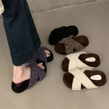 Thick-soled cross-strapped fluffy shoes women s shoes wear 2024 new autumn and winter fashion casual fluffy cotton slippers 35