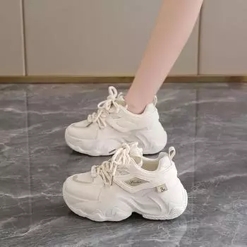 Thick Soled Dad Shoes 2024 Summer New Hollow Breathable Mesh Fashionable and Versatile Inner Height Increasing Women s Shoes 35 чёрный