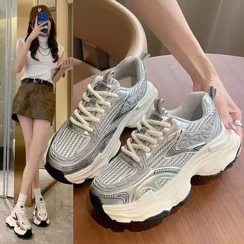 Thick-soled dad shoes children 2025 new popular summer thin mesh breathable mesh shoes heightening casual sports shoes 35 красный