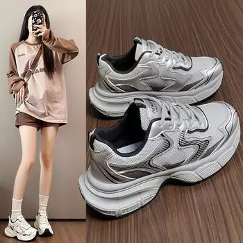Женские кроссовки на толстой подошве, увеличивающие рост, милые японские сетчатые кроссовки, летние студенческие универсальные белые кроссовки в гонконгском стиле 36 серебряный