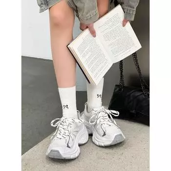 Thick-soled dad shoes women s new height increase small 6cm trend old mesh breathable sports casual shoes 35 бежевый