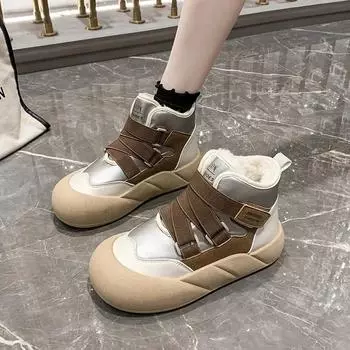 Thick Soled Design Cotton Shoes for Women s 2024 Autumn Winter New Plush Keep Warm High-top Sports Flat Shoes Zapatillas Mujer 35 хаки