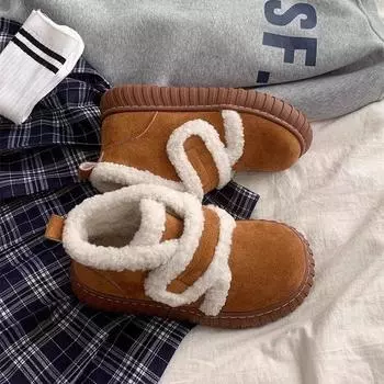 Женские модные универсальные повседневные зимние ботинки на толстой подошве 2024 года, новые бархатные утолщенные ботинки из хлопка на липучках Mao Mao 35 темно-коричневого