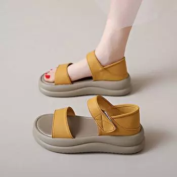 thick-soled fish mouth sandals women s 2024 summer new hollow breathable Roman shoes large size Velcro thick-soled beach shoes 35 жёлтый