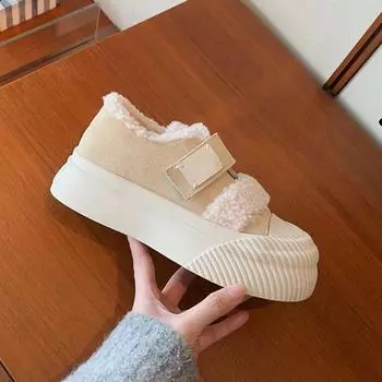 Thick-soled fluffy shoes Velcro velvet thickened warm casual biscuit shoes women s winter leather one piece free shipping 35