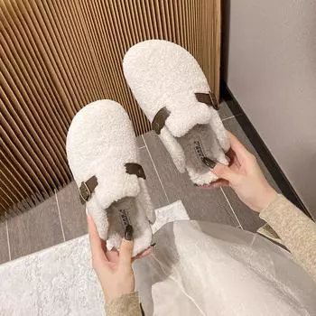 Thick-soled fluffy shoes women wear in autumn and winter new Internet celebrity fashion lamb wool piled large size Boken cotton slippers 4143 33