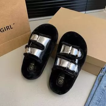 Thick-soled fluffy slippers for women to wear 2024 new winter fashion belt buckle plush cotton mop fluffy shoes 35 чёрный