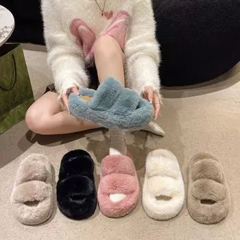 Thick-soled fluffy slippers women s 2024 autumn and winter new Korean version of parallel bars soft-soled fluffy slippers home cotton slippers spot 35 чёрный