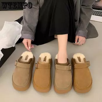Thick Soled Hairy Brown Shoes Half Drag Women s Autumn and Winter Back Strap Two on Half Pack Cotton Slippers 35 хаки