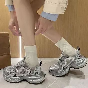 Thick-soled heightening dad shoes women s summer new gray breathable lightweight sports and leisure lace-up shoes tide 35