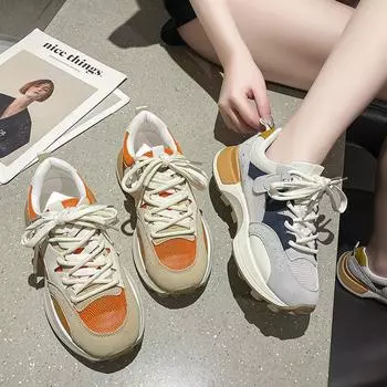 Толстая подошва, увеличивающая рост, папины туфли, женская обувь 2024, новые сетчатые дышащие повседневные кроссовки 35 оранжевый