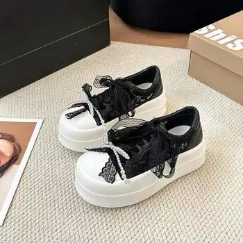 Thick-soled heightening little white shoes women s spring new shoes pearl lace-up bow casual shoes lace mesh tide 35