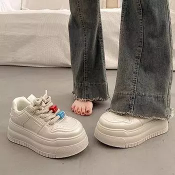 Thick-soled heightening little white shoes women s 2025 spring new versatile leather women s shoes muffin shoes casual sports board shoes 35