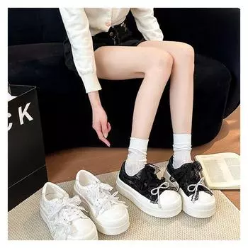 Thick-soled heightening little white shoes women s 2025 spring new shoes pearl lace-up bow casual shoes lace mesh tide 35 чёрный