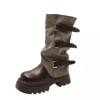 Thick-soled heightening Martin boots women s new spring and autumn retro brown Maillard stacking boots medium tube boots 35
