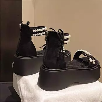 thick-soled heightening sandals women s summer new outer wear fashion pearl shoes non-slip bag heel high-heeled muffin 35 чёрный